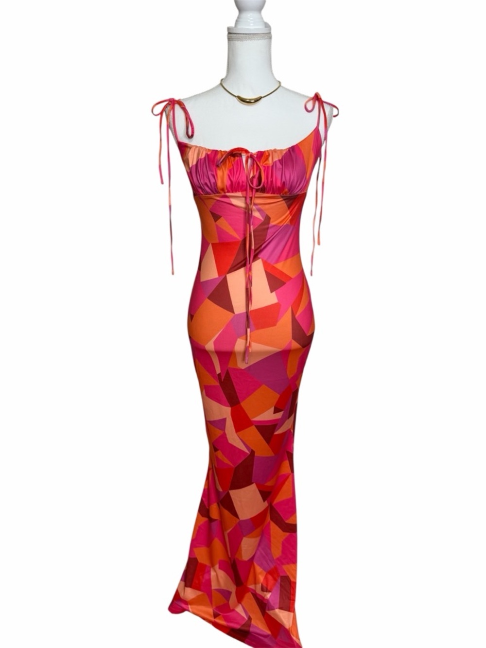 Tie-Shoulder Pink & Orange Geometric Maxi Dress
